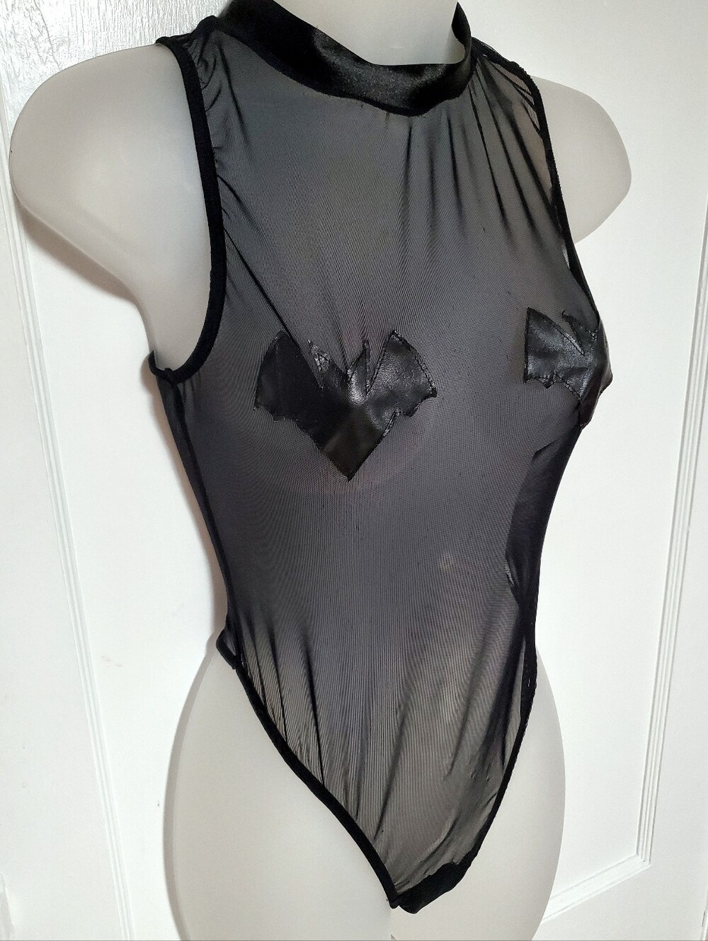 🆕️ Dolls Kill Black Sheer Mesh Sleeveless Bodysuit with Bat Appliqués, Sz XL